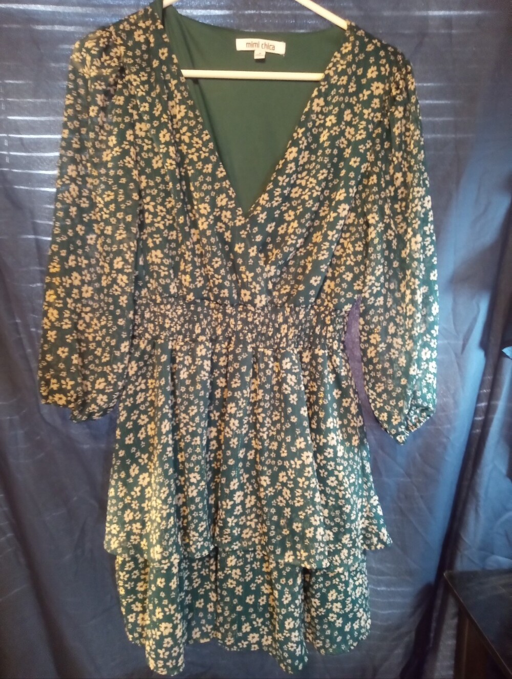Mimi Chica Dark Green Floral Tiered V-Neck Dress